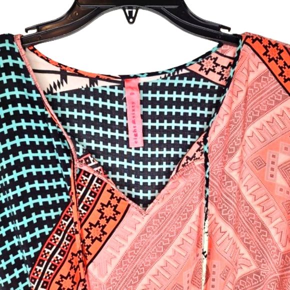 Boho Patchwork Geometric Rayon Dress Festival Casual Short Sleeve Size Medium - Picture 5 of 6